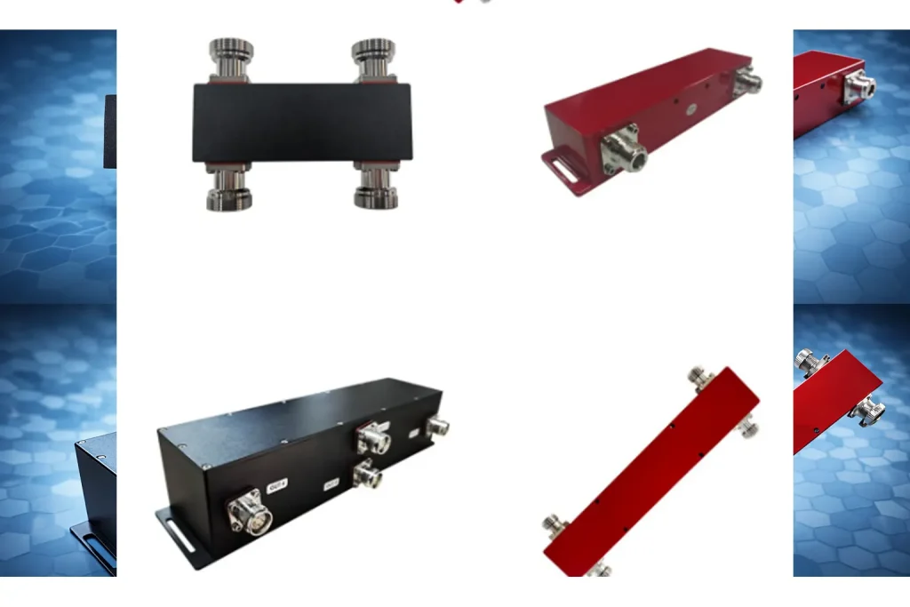A collection of 90 degree hybrid couplers in black and red housing with N-type and 4.3-10 connectors for RF systems.